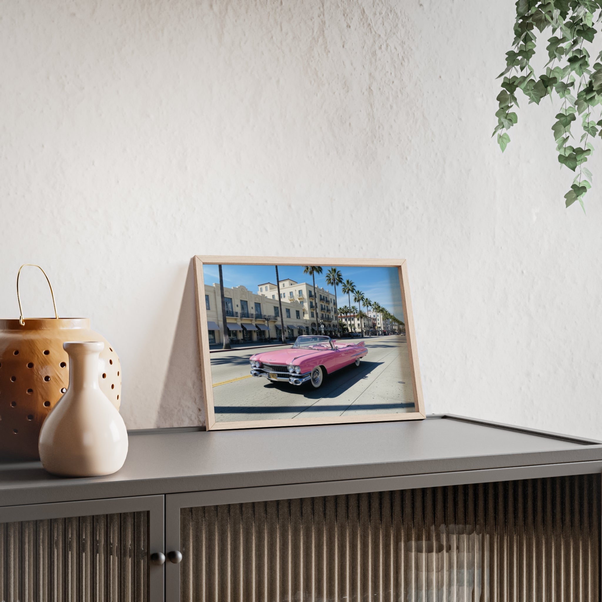Retro Pink Cadillac Poster with Wooden Frame — Vintage Palm-Drive Wall Art