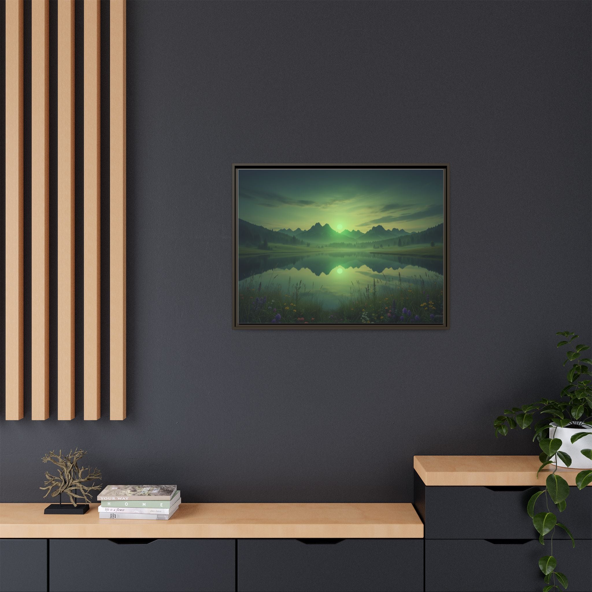 Framed Matte Canvas Print — Serene Green Mountain Lake Landscape