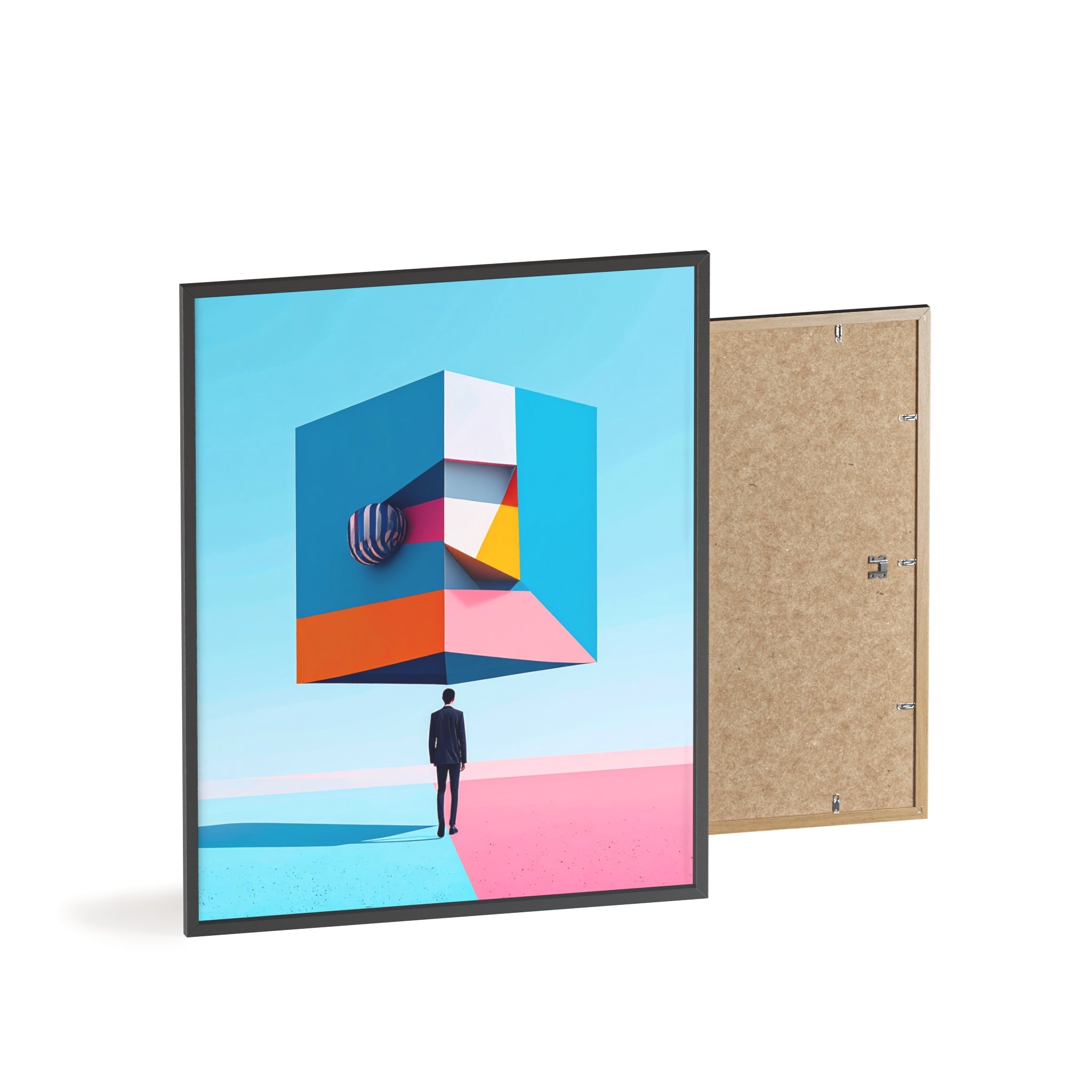 Surreal Geometric Art Poster with Wooden Frame — Modern Minimal Wall Decor