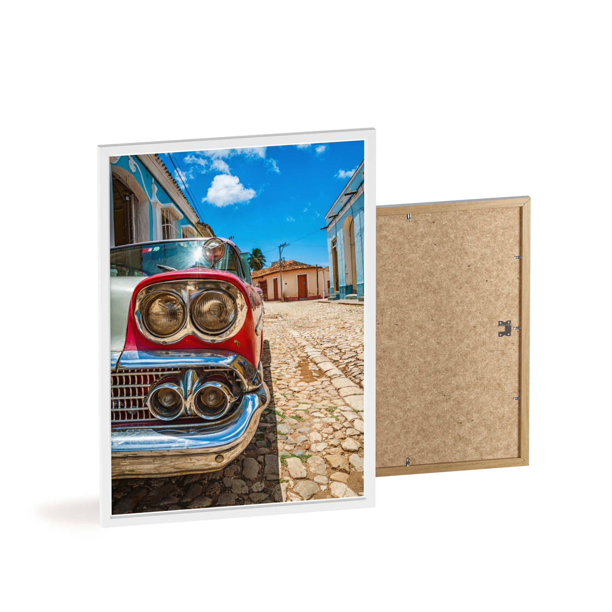 Vintage Classic Car Poster with Wooden Frame — Retro Cuba Street Photography Wall Art