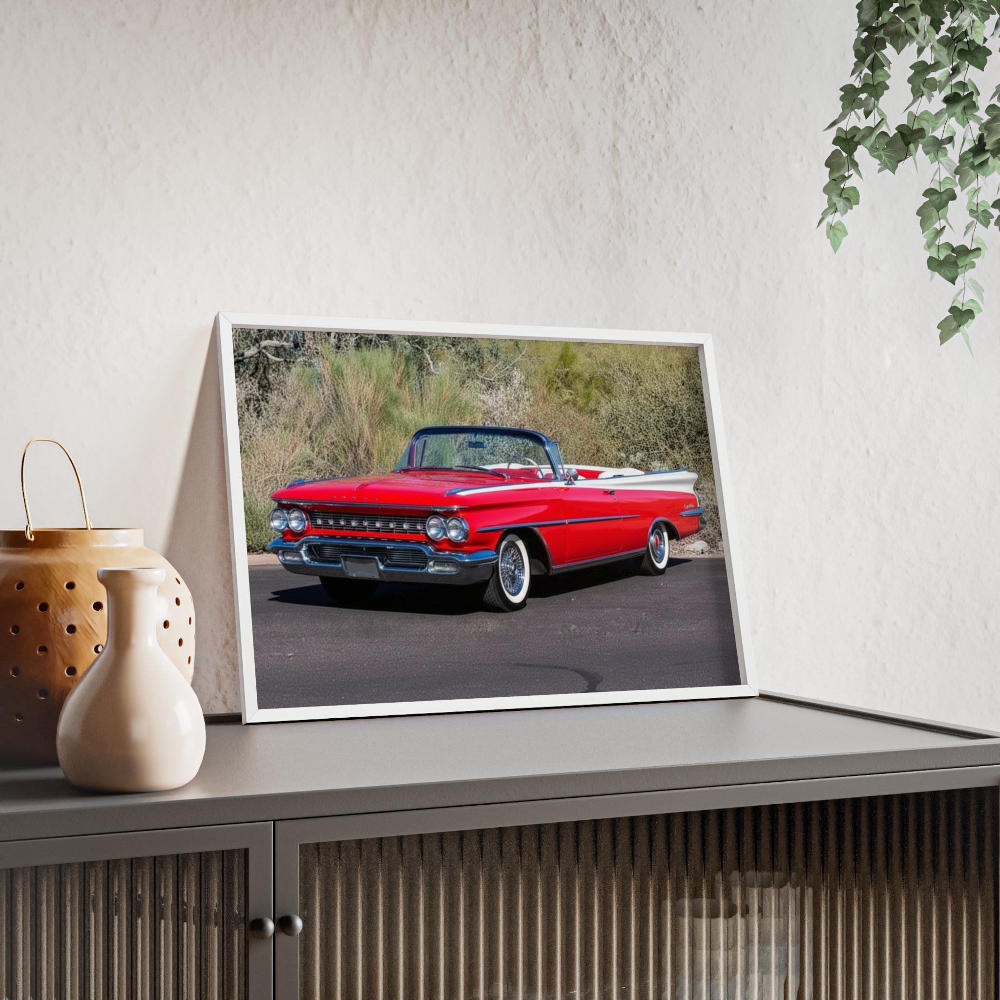 Vintage Red Convertible Car Poster with Wooden Frame — Classic Auto Wall Art