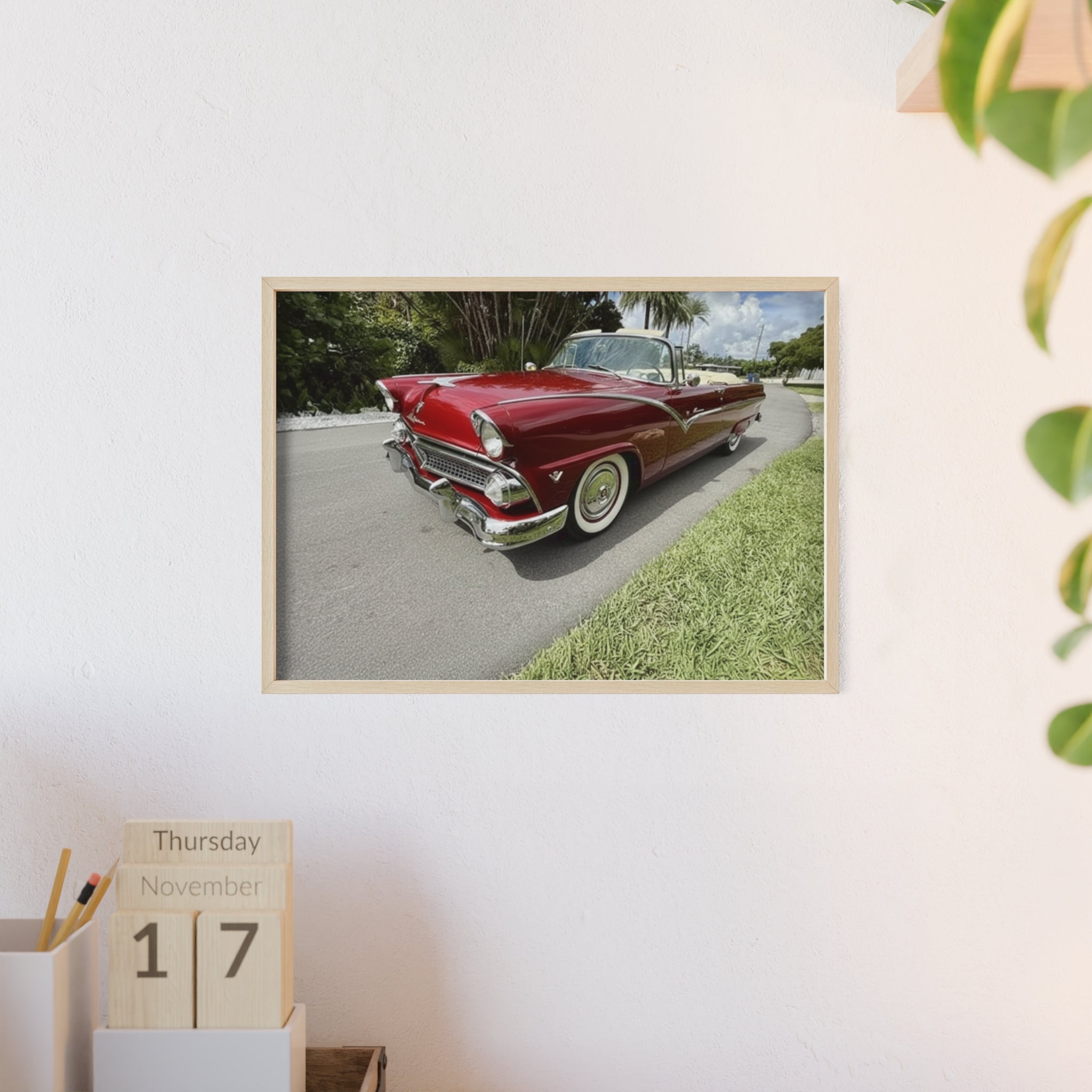 Vintage Red Convertible Poster with Wooden Frame — Classic Car Wall Art