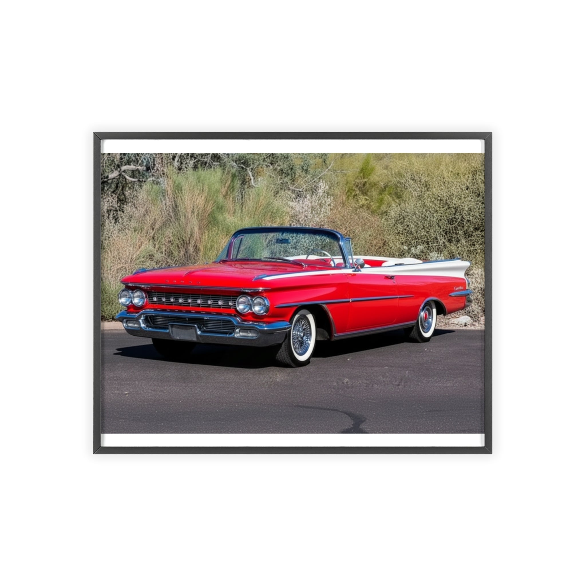 Vintage Red Convertible Car Poster with Wooden Frame — Classic Auto Wall Art