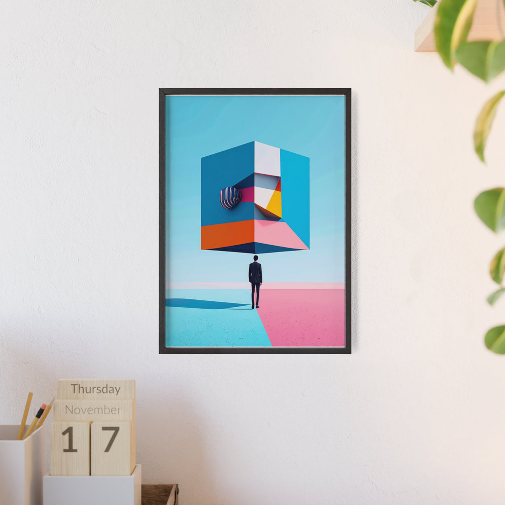 Surreal Geometric Art Poster with Wooden Frame — Modern Minimal Wall Decor
