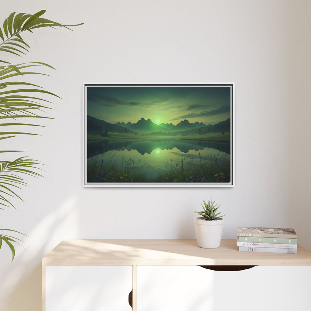 Framed Matte Canvas Print — Serene Green Mountain Lake Landscape