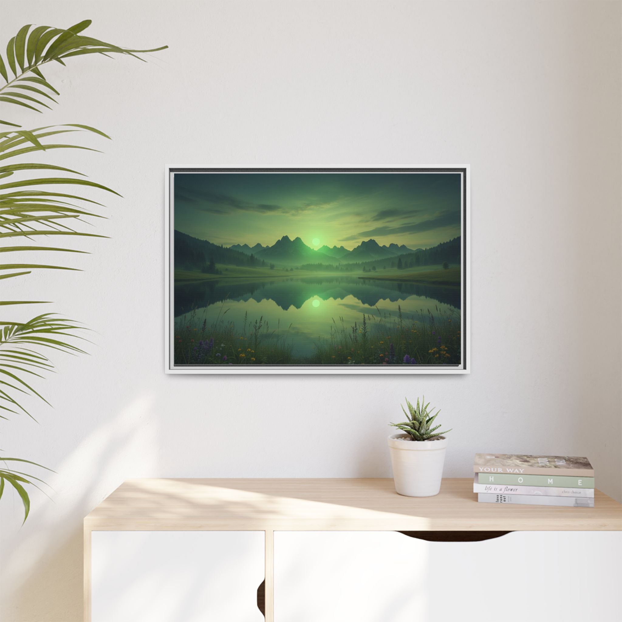 Framed Matte Canvas Print — Serene Green Mountain Lake Landscape