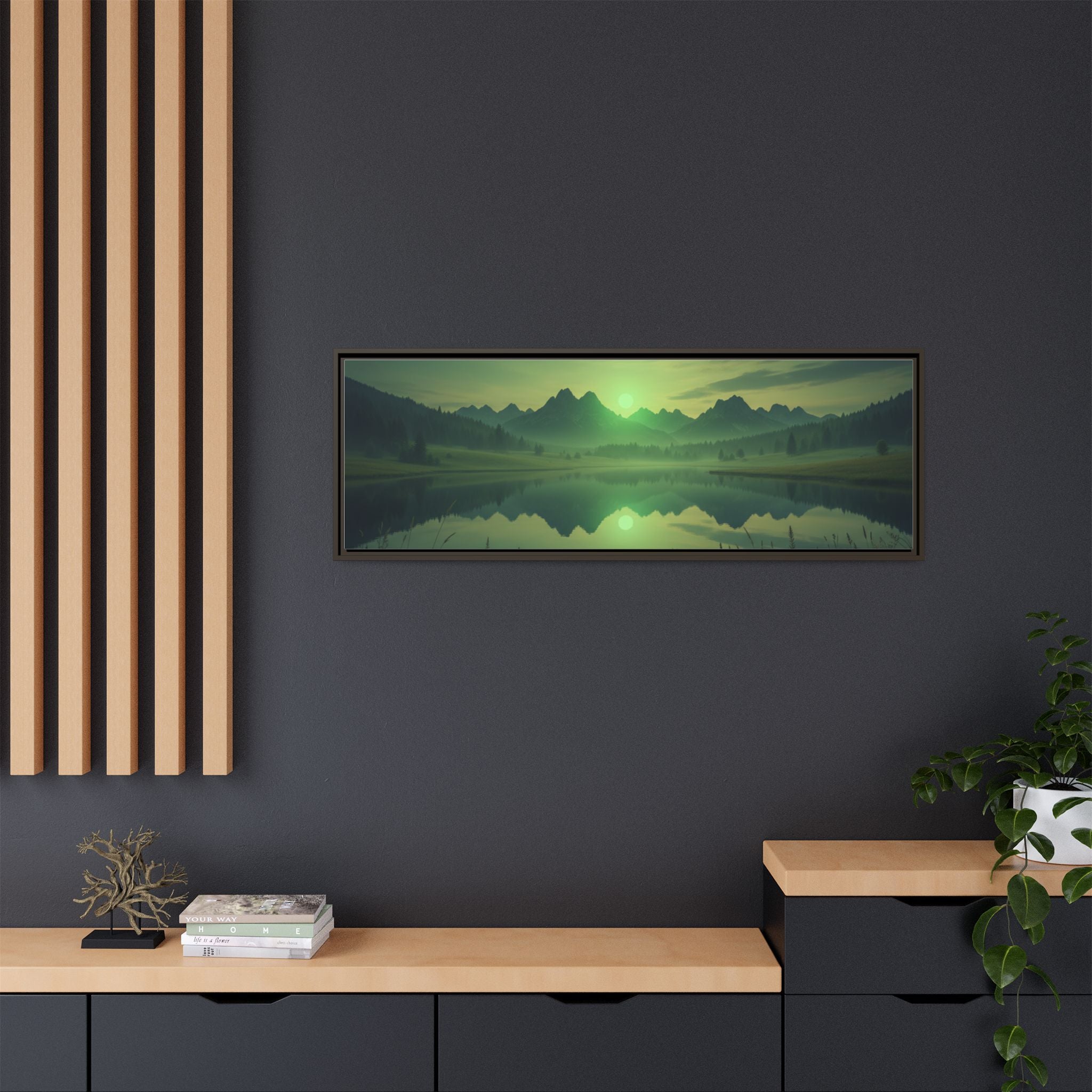 Framed Matte Canvas Print — Serene Green Mountain Lake Landscape