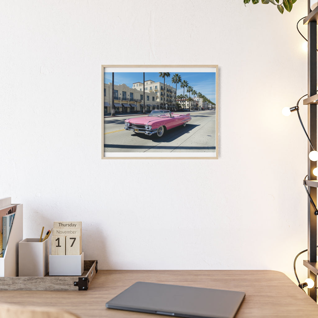 Retro Pink Cadillac Poster with Wooden Frame — Vintage Palm-Drive Wall Art