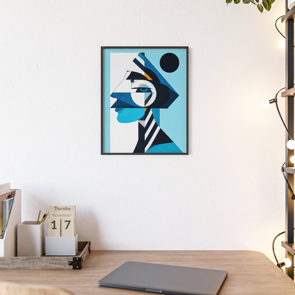 Abstract Geometric Portrait Poster with Wooden Frame — Blue Modern Wall Art