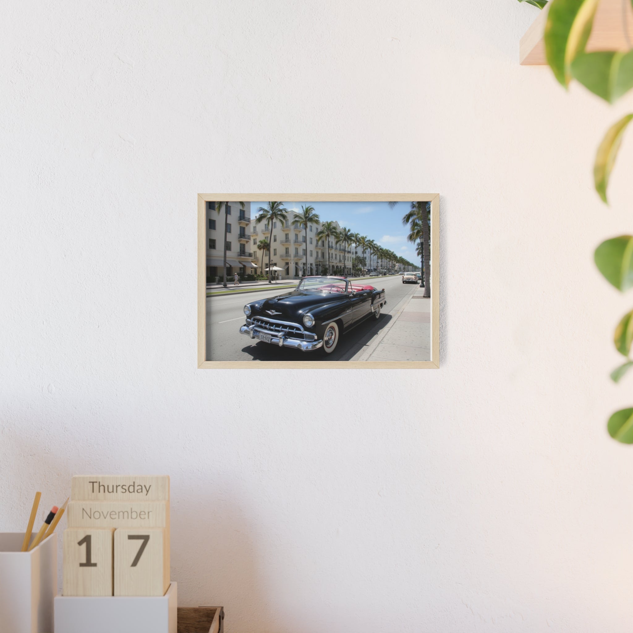 Vintage Convertible on Ocean Drive Framed Poster – Retro Classic Car Wall Art