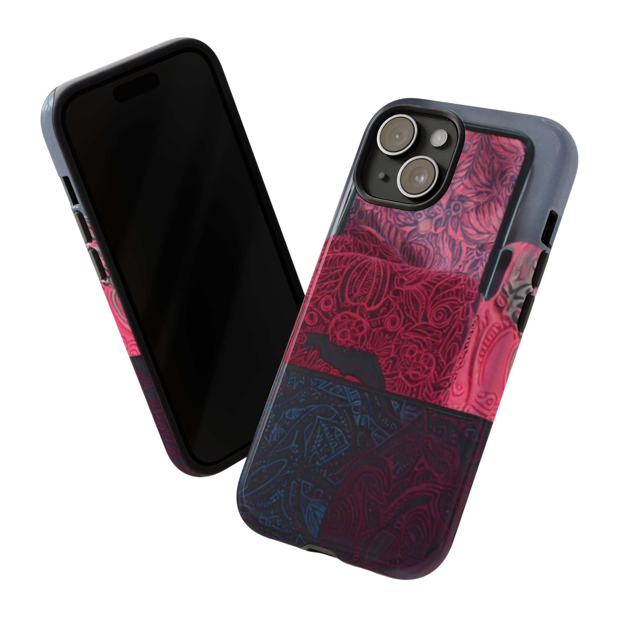 Floral Patchwork Tough Phone Case — Pink & Navy Doodle Design