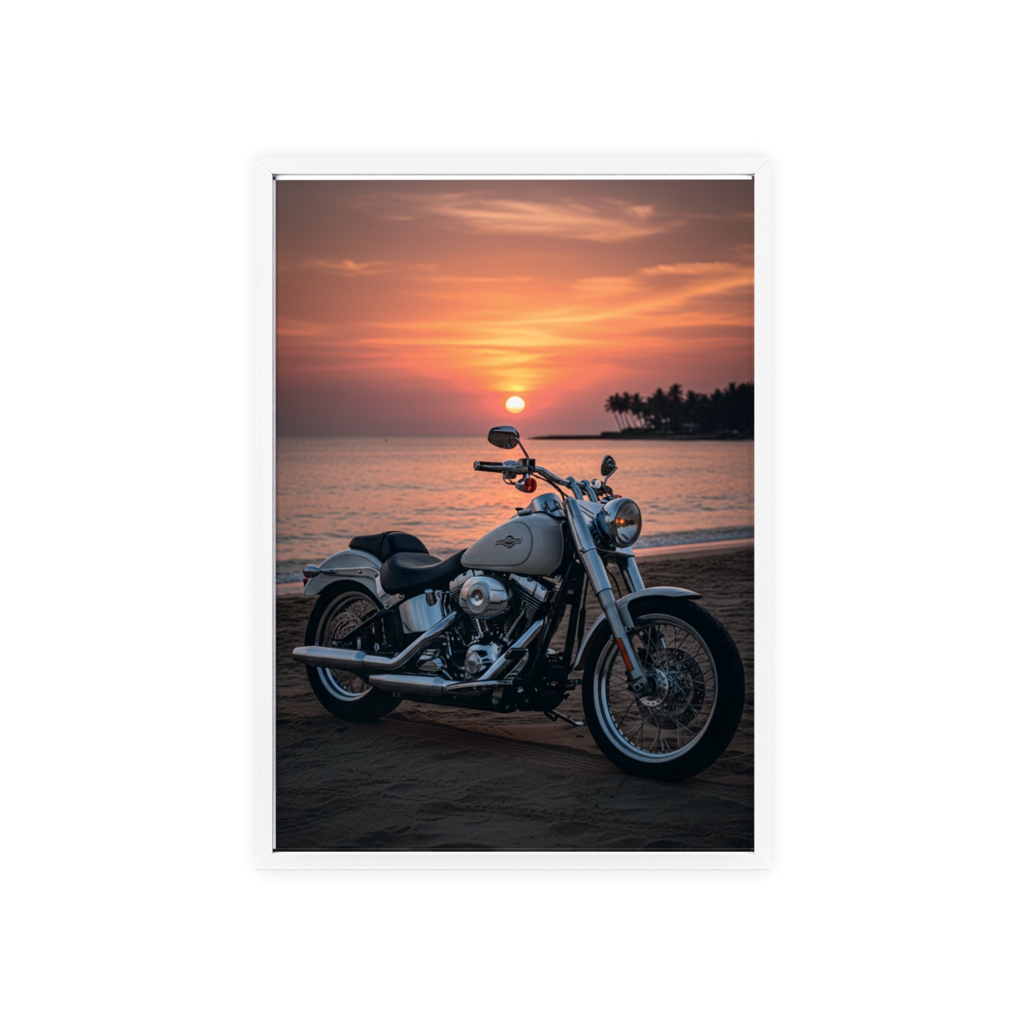 Sunset Beach Motorcycle Poster with Wooden Frame — Vintage Cruiser Wall Art