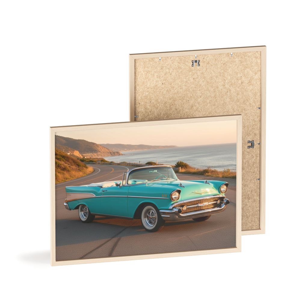 Vintage Teal Classic Car Poster with Wooden Frame — Coastal Road Print
