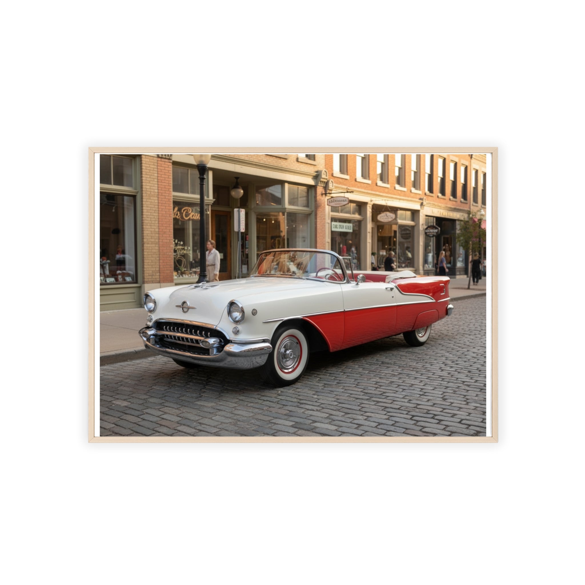 Vintage Red & White Convertible Poster with Wooden Frame — Retro Car Wall Art