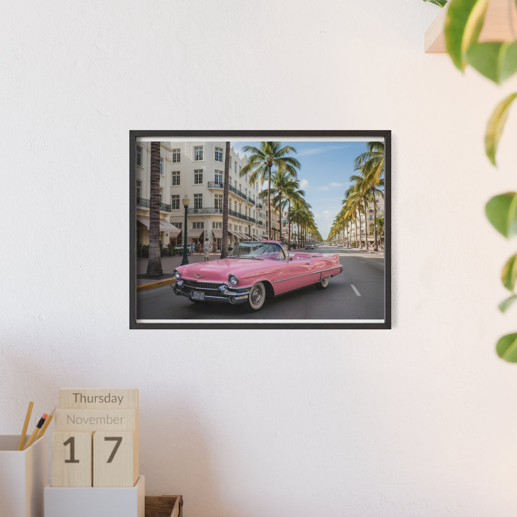 Vintage Pink Cadillac Wall Poster with Wooden Frame — Retro Miami Palm Street Photography
