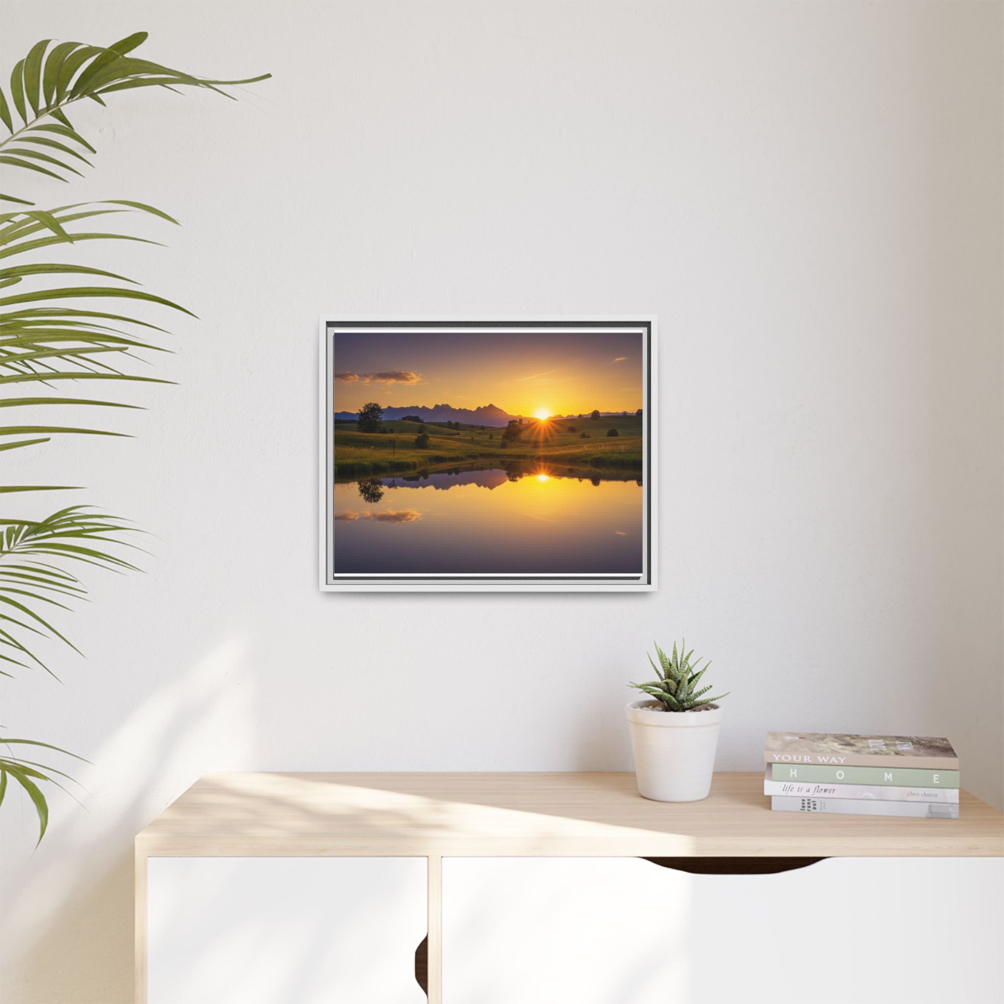 Framed Matte Canvas Sunset Landscape — Serene Lake Reflection Wall Art