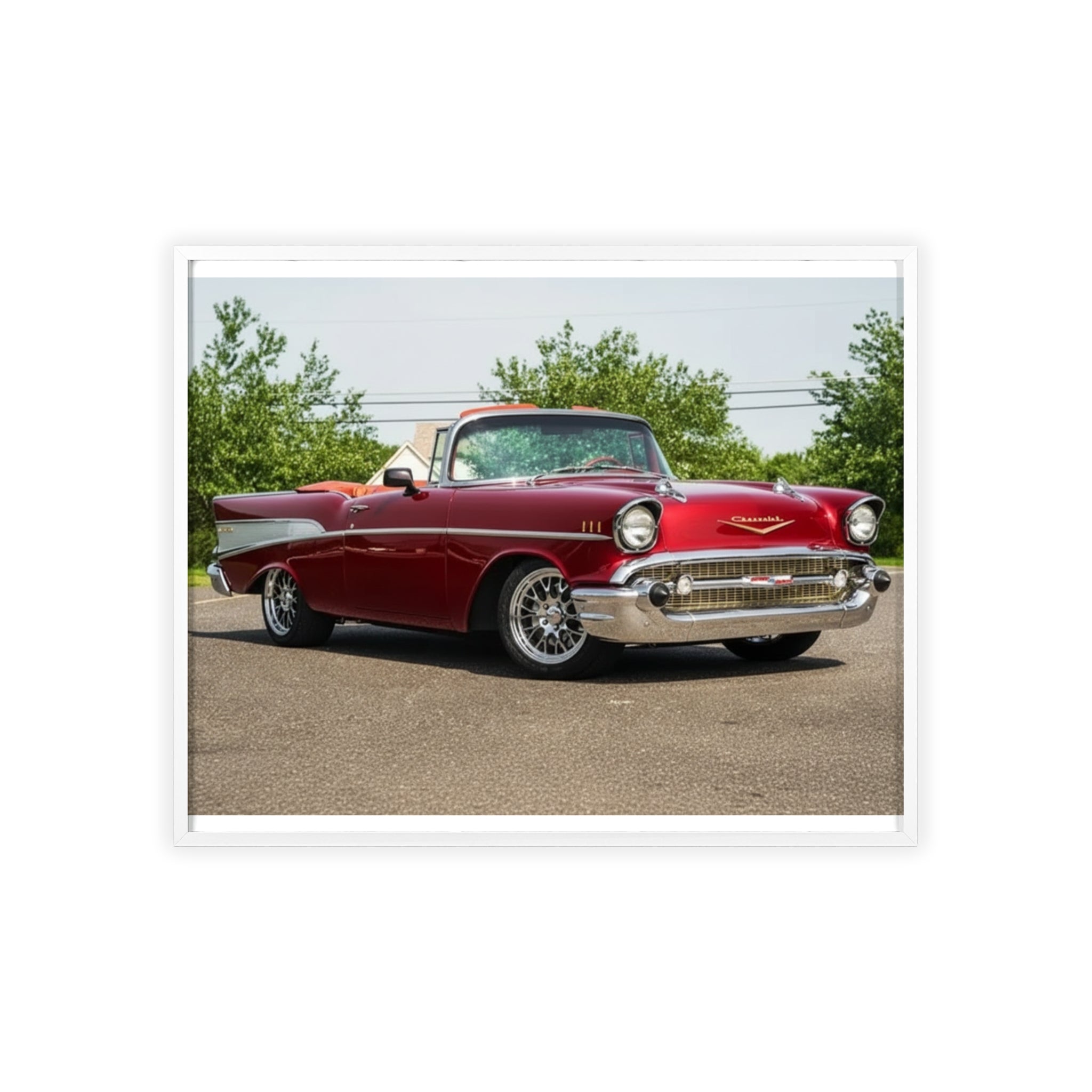 Vintage Red Classic Car Poster with Wooden Frame — Retro Automotive Wall Art