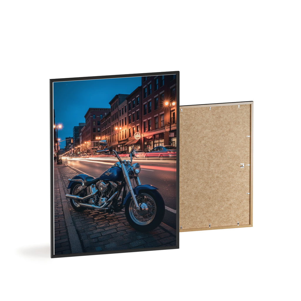 Framed Motorcycle Poster — Night City Street Bike Wall Art