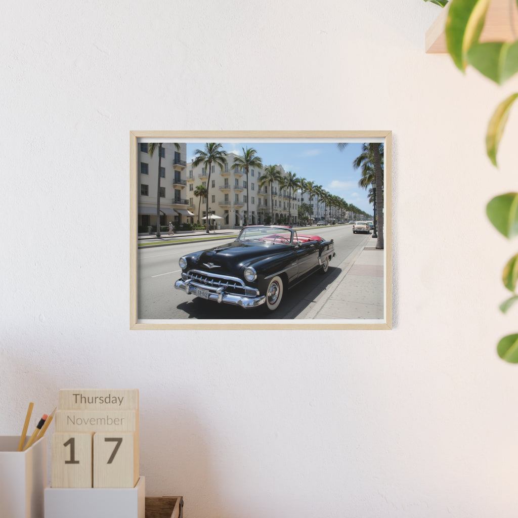 Vintage Convertible on Ocean Drive Framed Poster – Retro Classic Car Wall Art