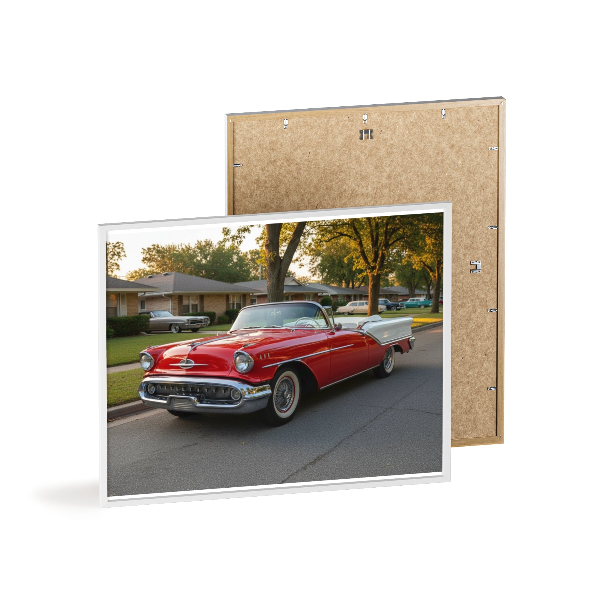 Vintage Red Convertible Poster with Wooden Frame — Classic Car Wall Art