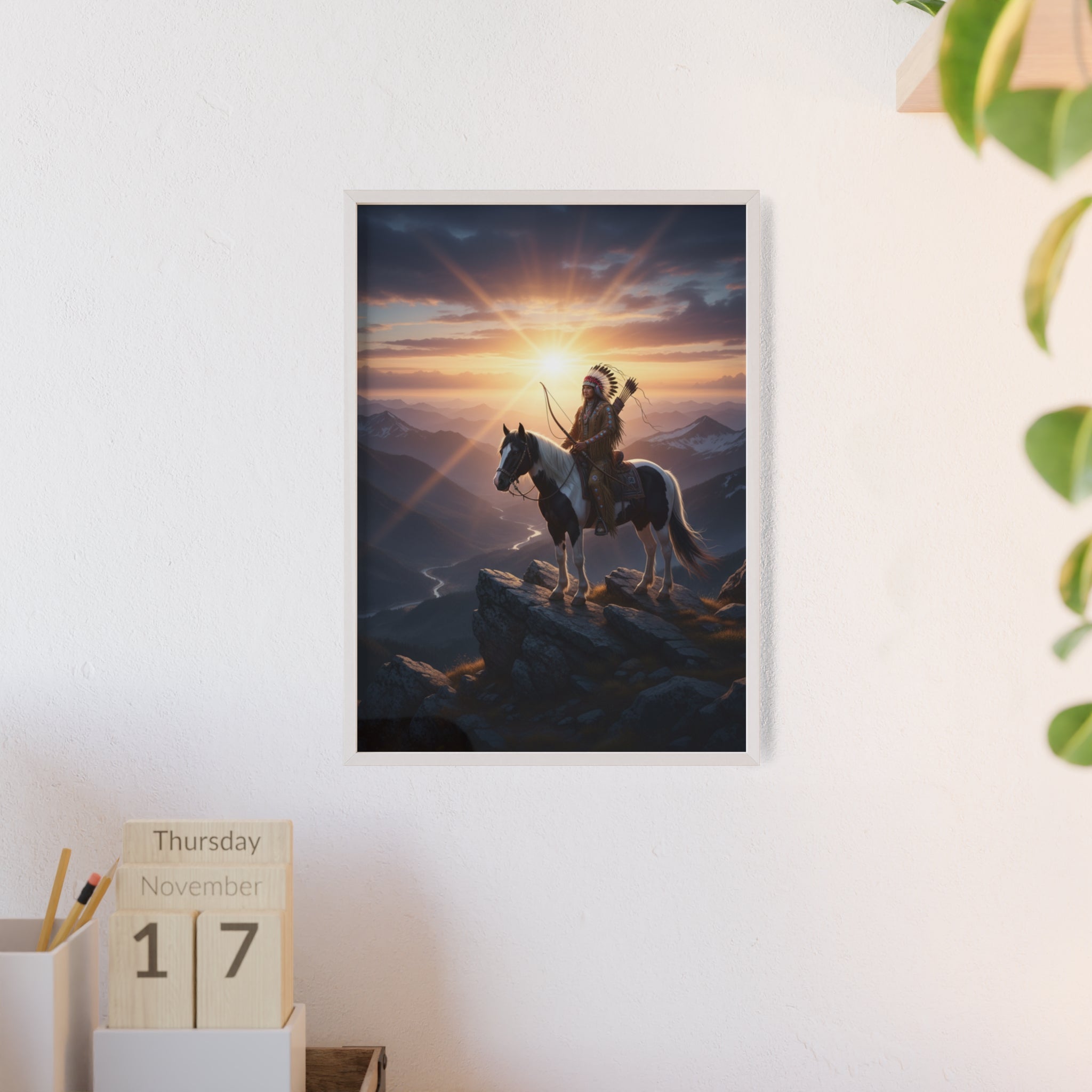 Native American Warrior on Horse Framed Poster — Scenic Sunrise Wall Art