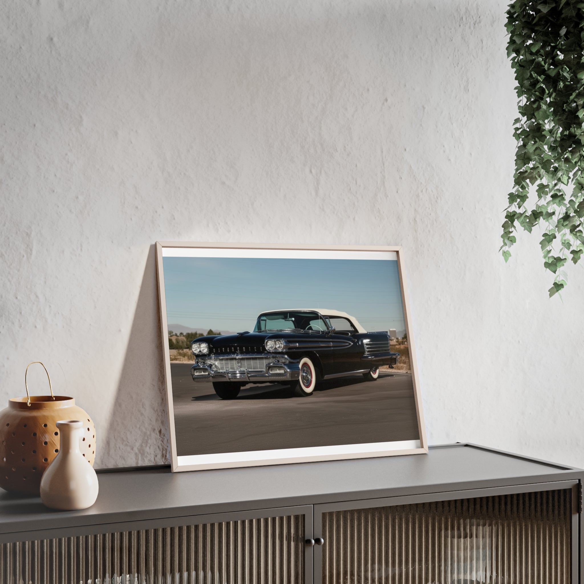 Vintage Black Classic Car Poster with Wooden Frame — Retro Automobile Wall Art