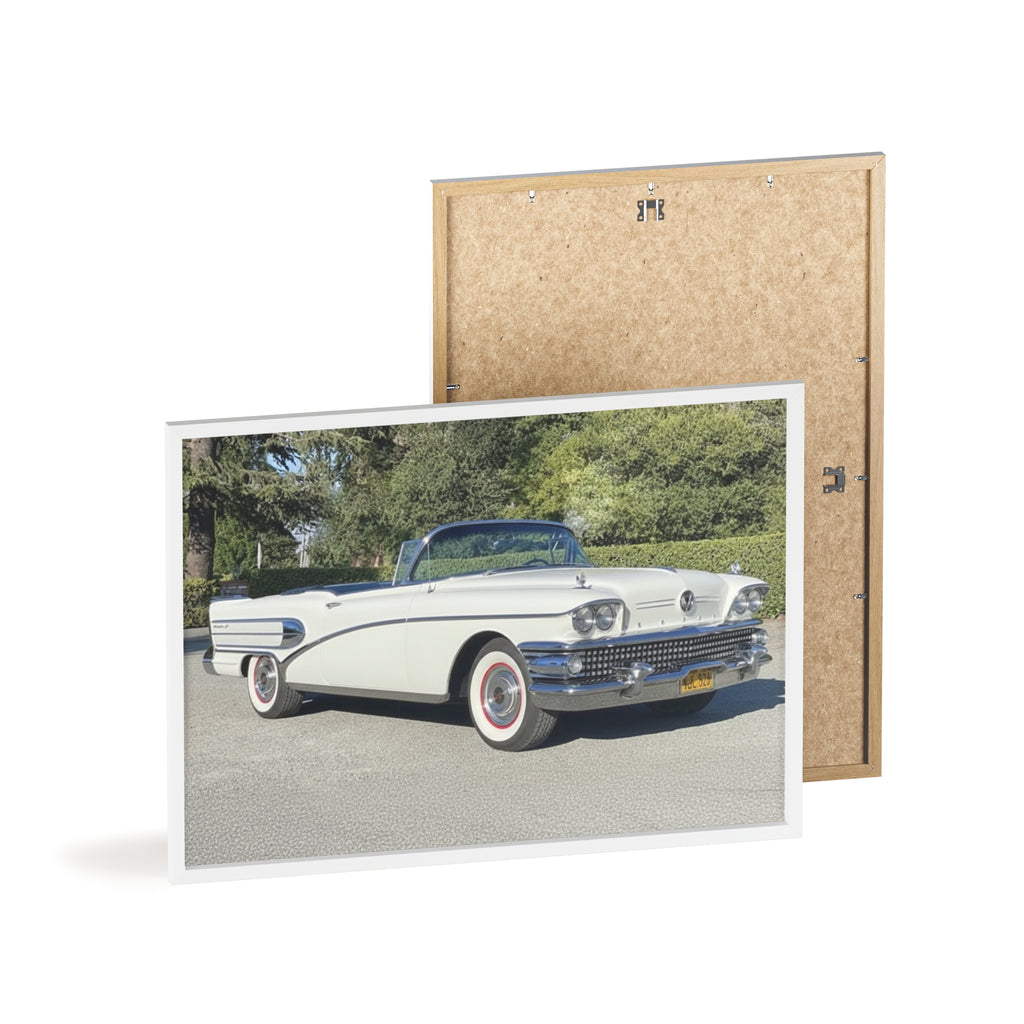 Classic White Convertible Car Poster with Wooden Frame — Vintage Auto Wall Art