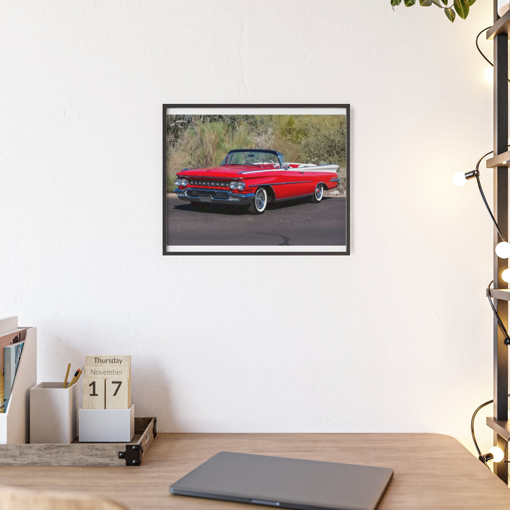 Vintage Red Convertible Car Poster with Wooden Frame — Classic Auto Wall Art