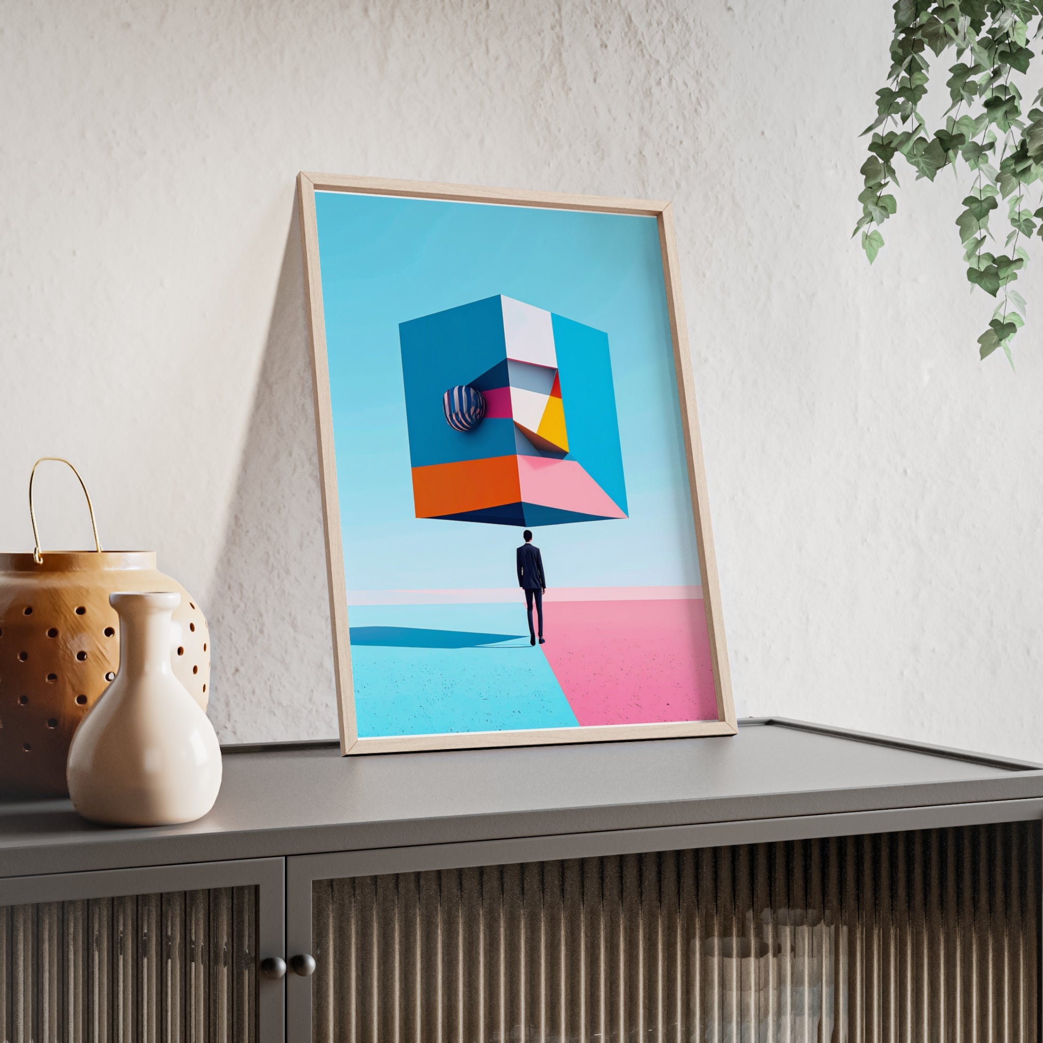 Surreal Geometric Art Poster with Wooden Frame — Modern Minimal Wall Decor