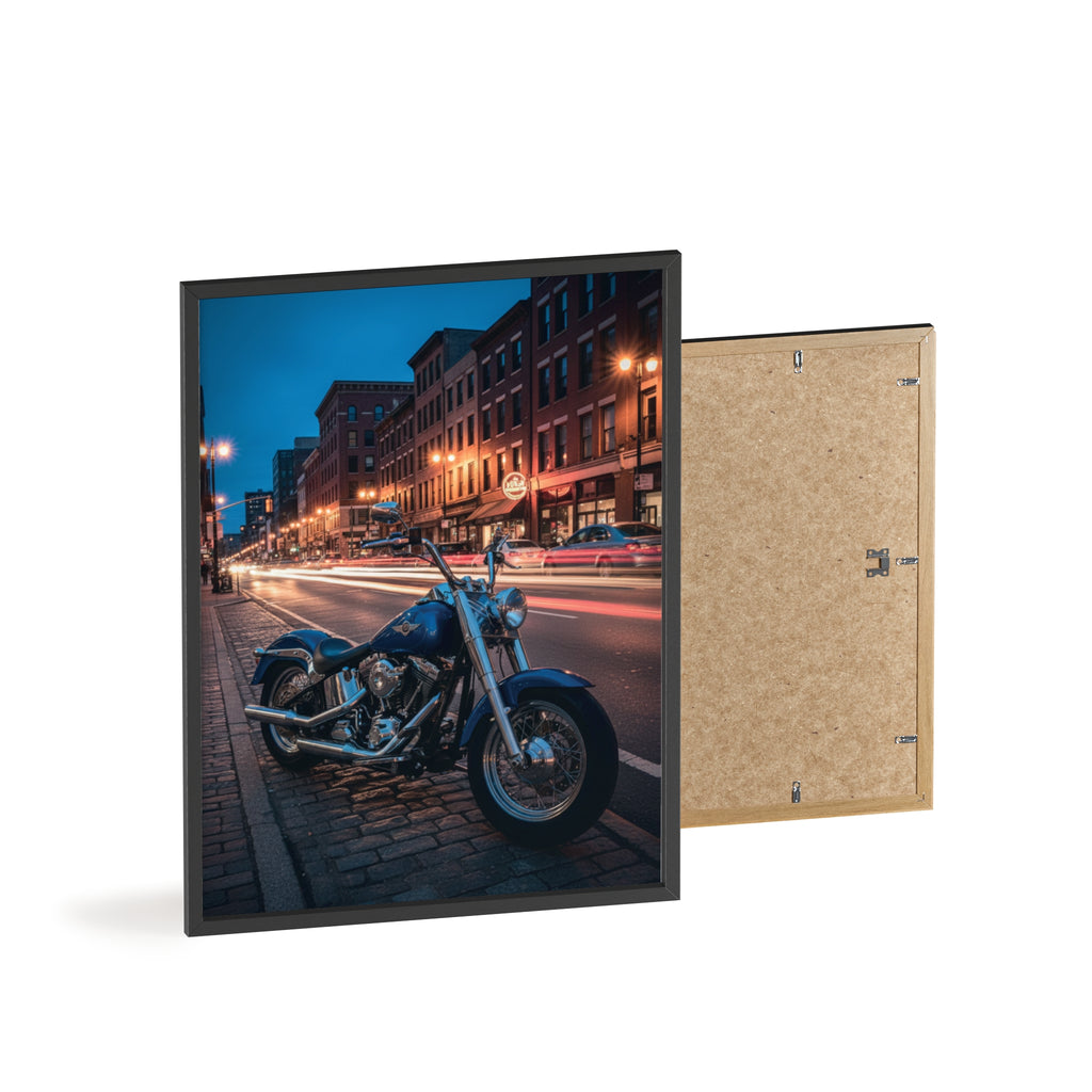 Framed Motorcycle Poster — Night City Street Bike Wall Art
