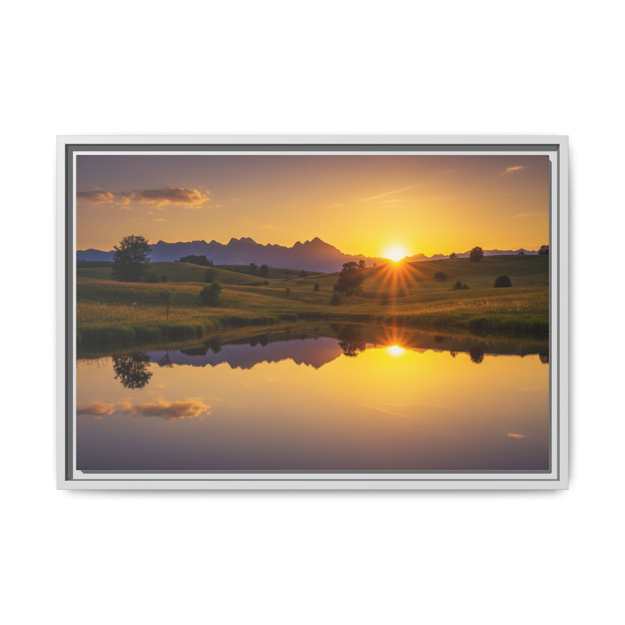 Framed Matte Canvas Sunset Landscape — Serene Lake Reflection Wall Art