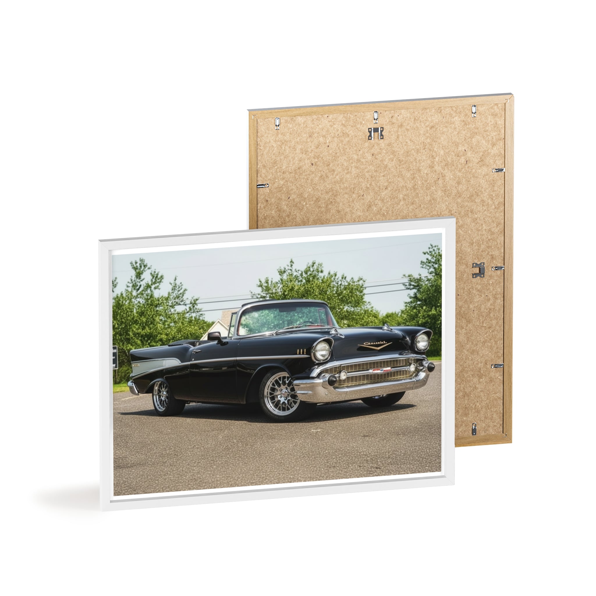Classic Black 1957 Chevy Poster with Wooden Frame — Vintage Car Wall Art