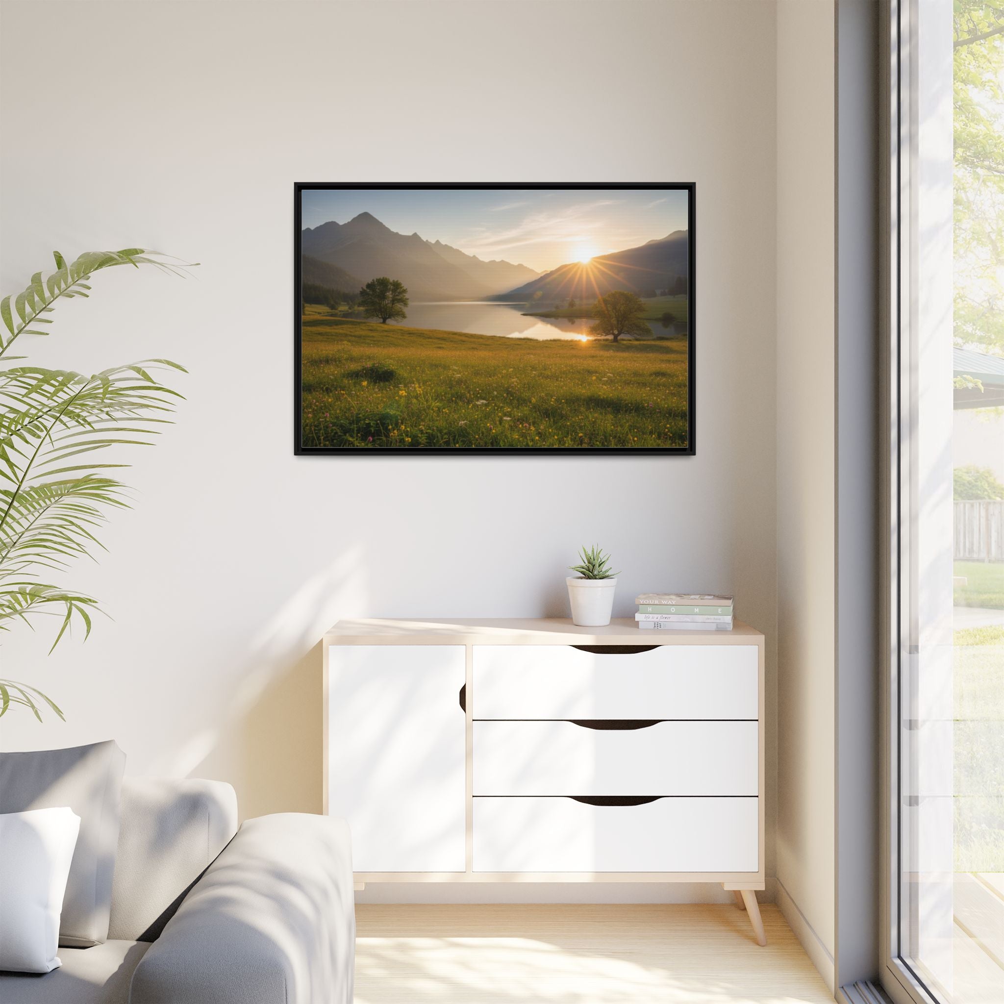 Sunrise Mountain Lake Matte Canvas — Framed Landscape Wall Art