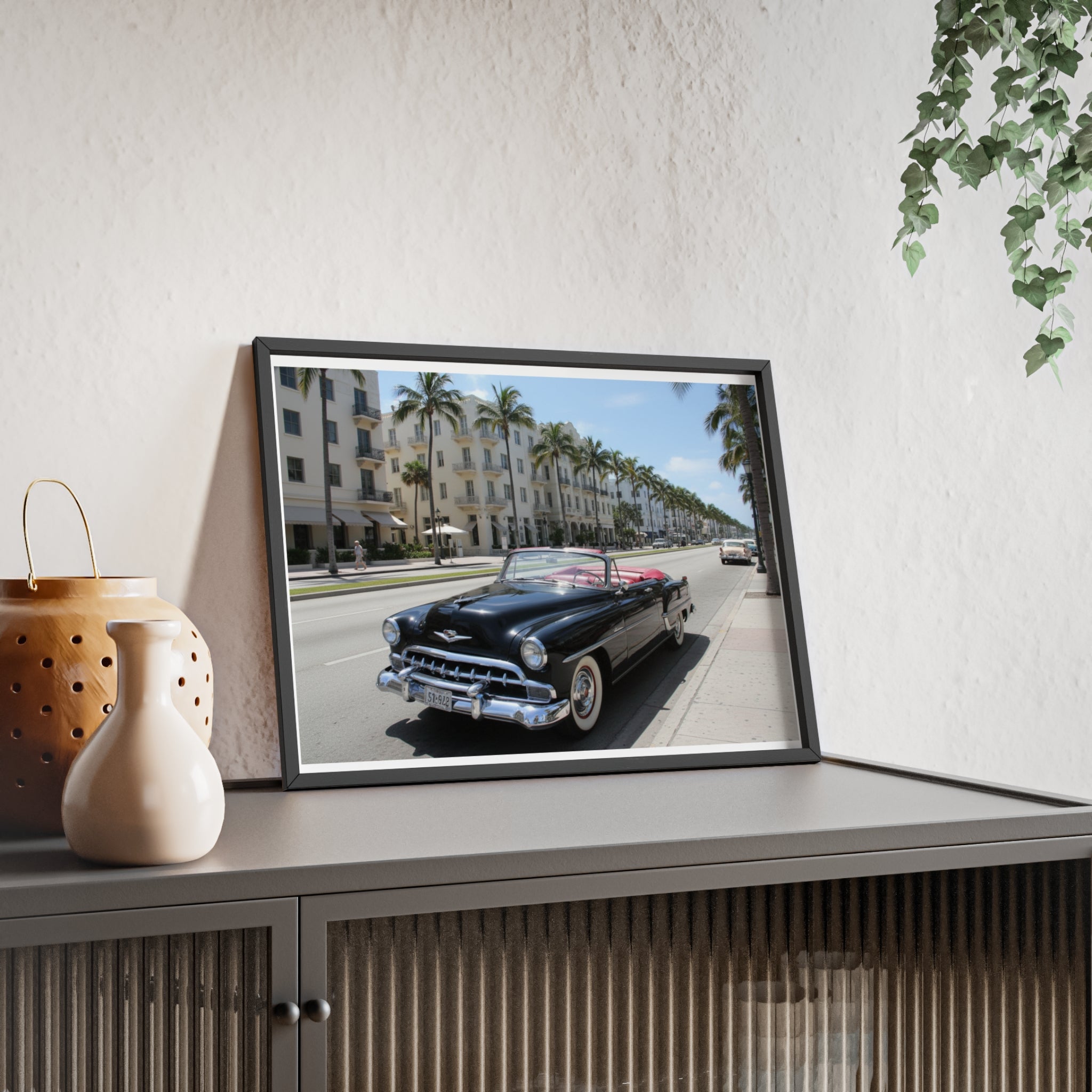 Vintage Convertible on Ocean Drive Framed Poster – Retro Classic Car Wall Art