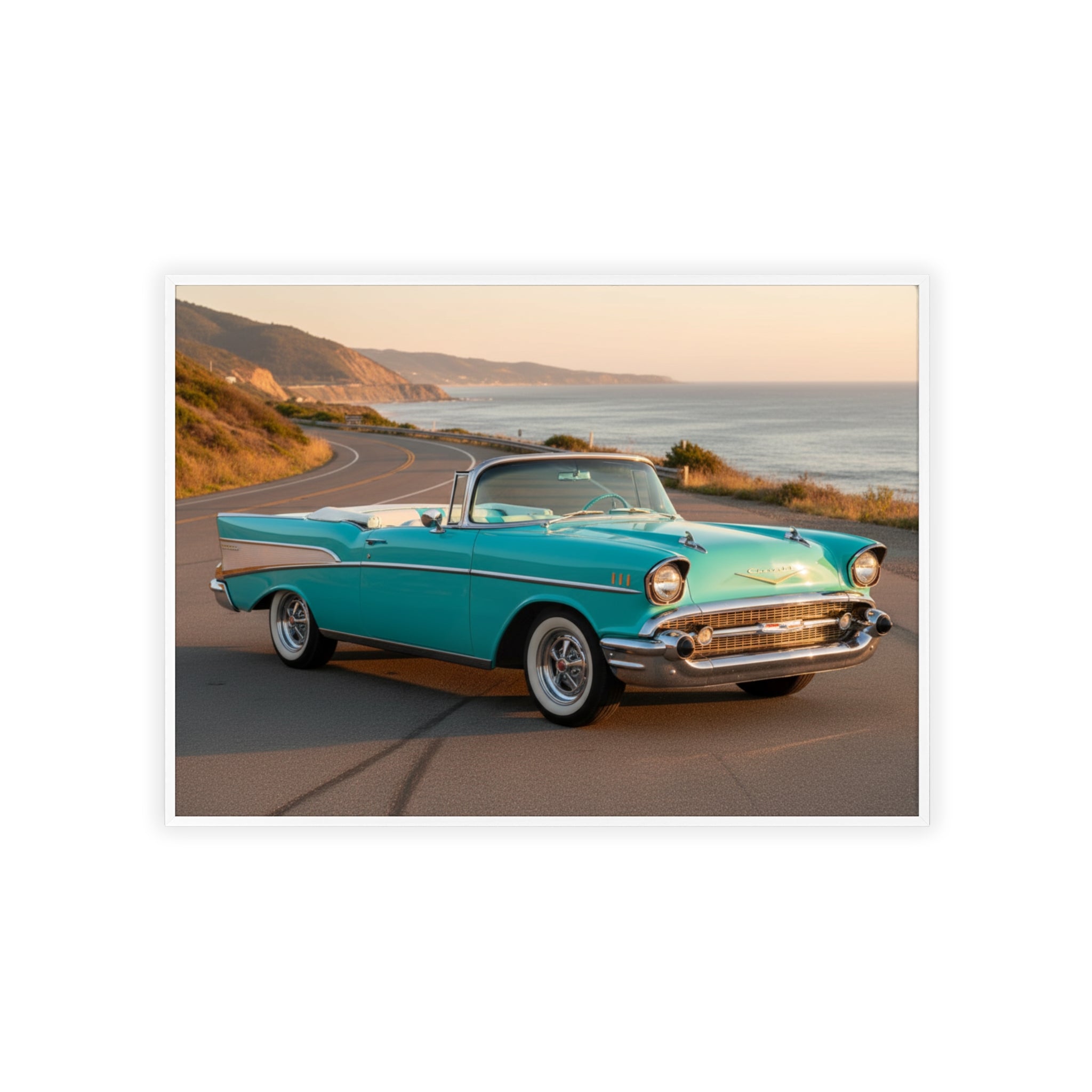 Vintage Teal Classic Car Poster with Wooden Frame — Coastal Road Print