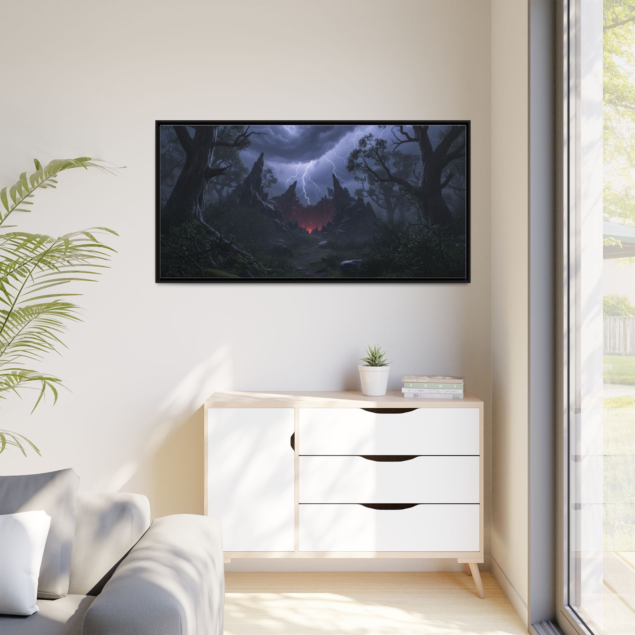 Dark Storm Forest Framed Canvas Print — Lightning, Haunted Castle Art