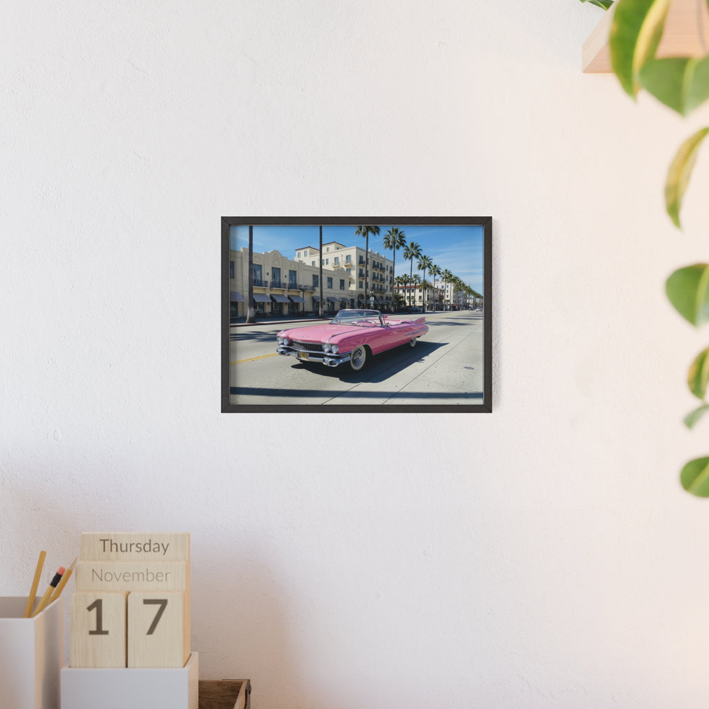 Retro Pink Cadillac Poster with Wooden Frame — Vintage Palm-Drive Wall Art