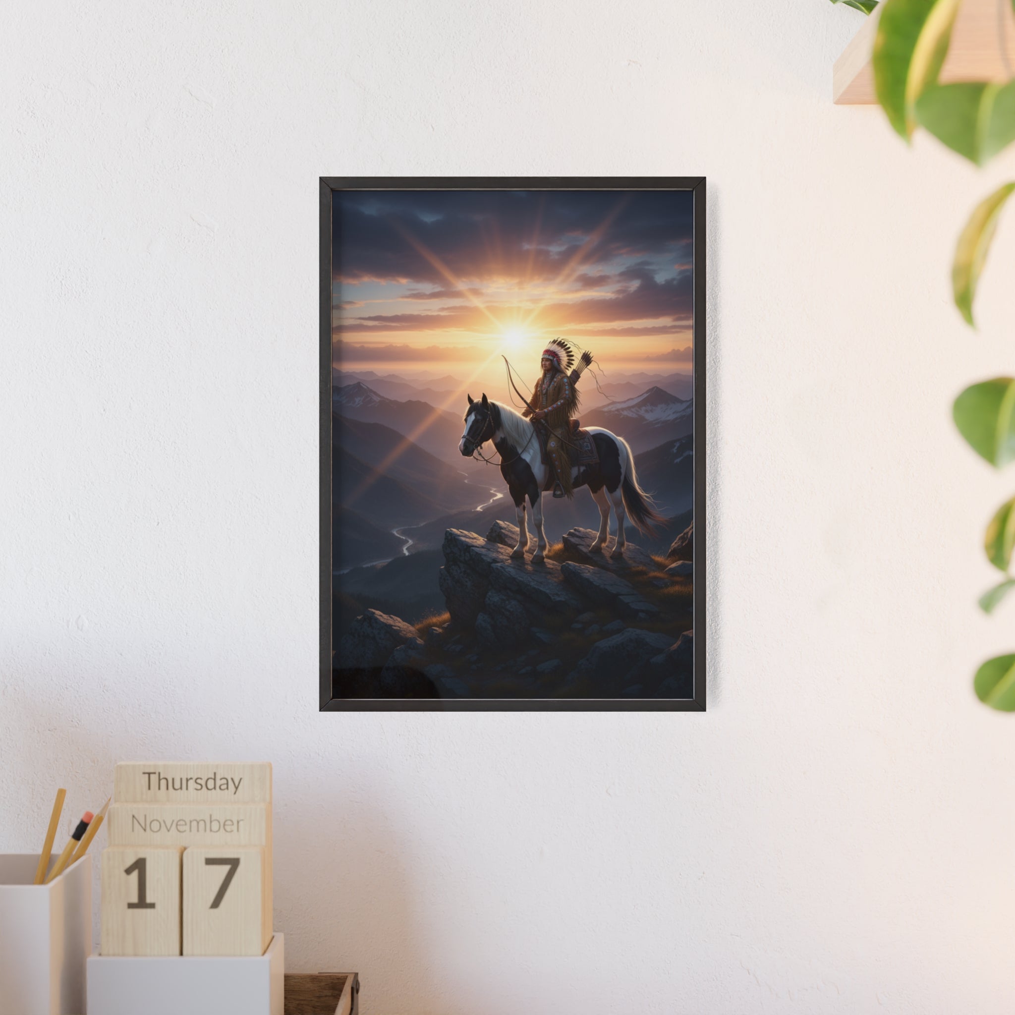 Native American Warrior on Horse Framed Poster — Scenic Sunrise Wall Art