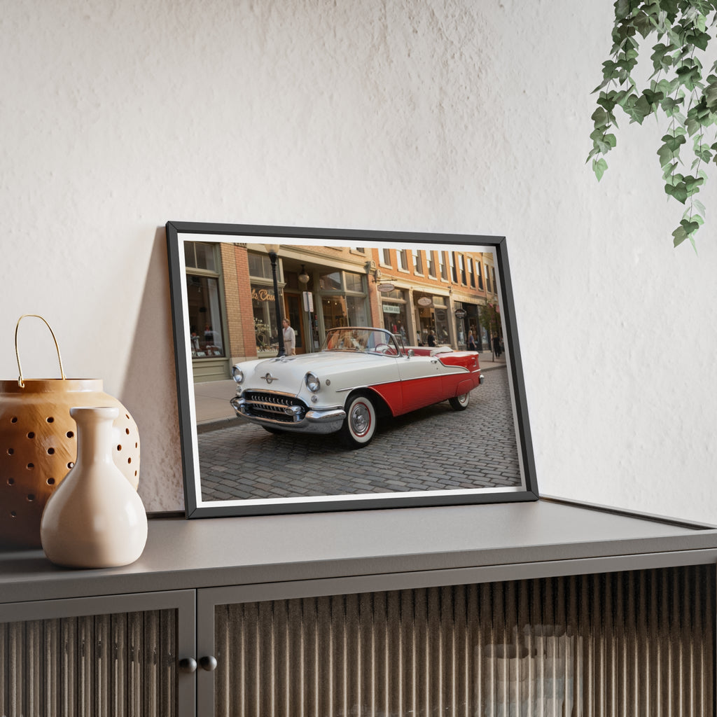 Vintage Red & White Convertible Poster with Wooden Frame — Retro Car Wall Art