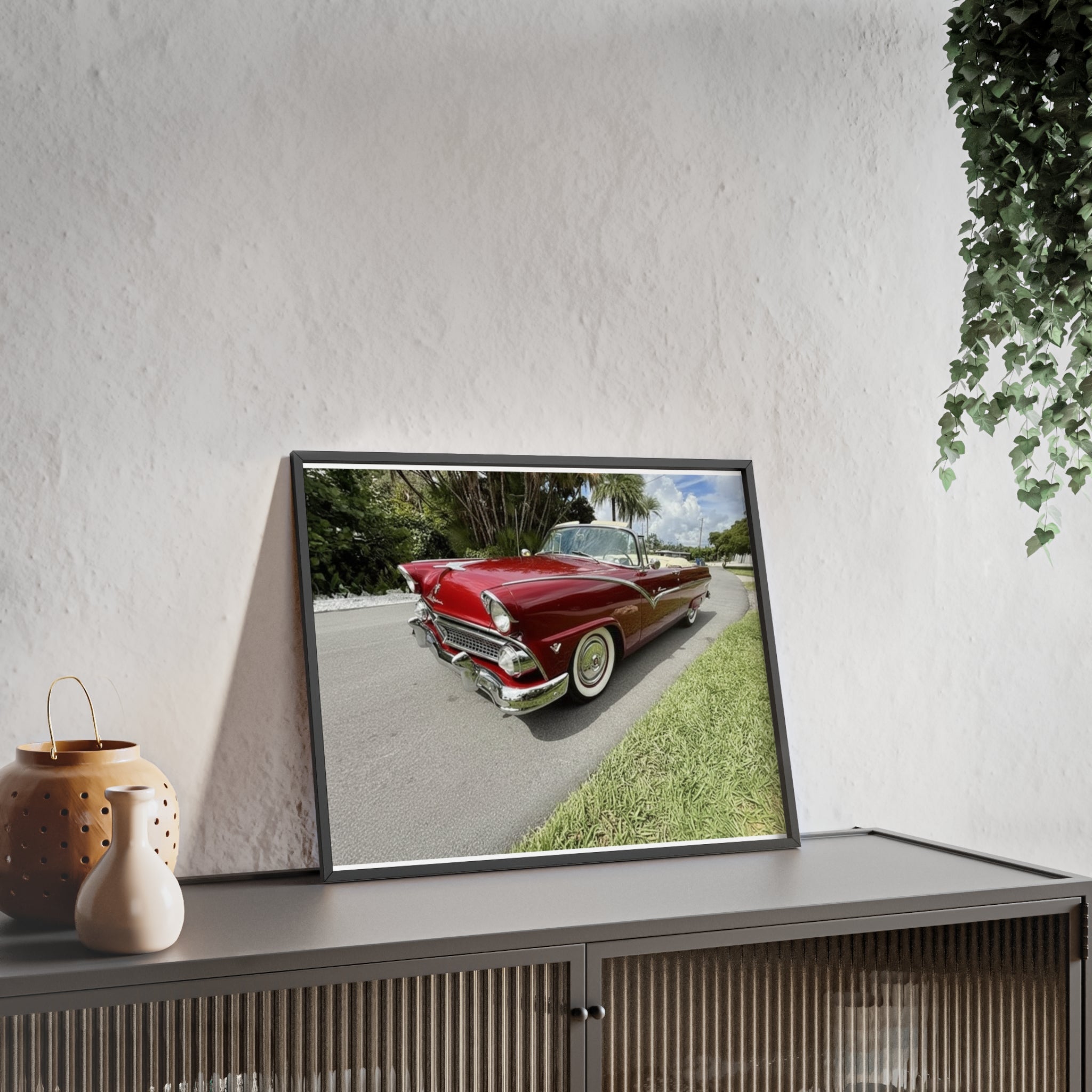 Vintage Red Convertible Poster with Wooden Frame — Classic Car Wall Art