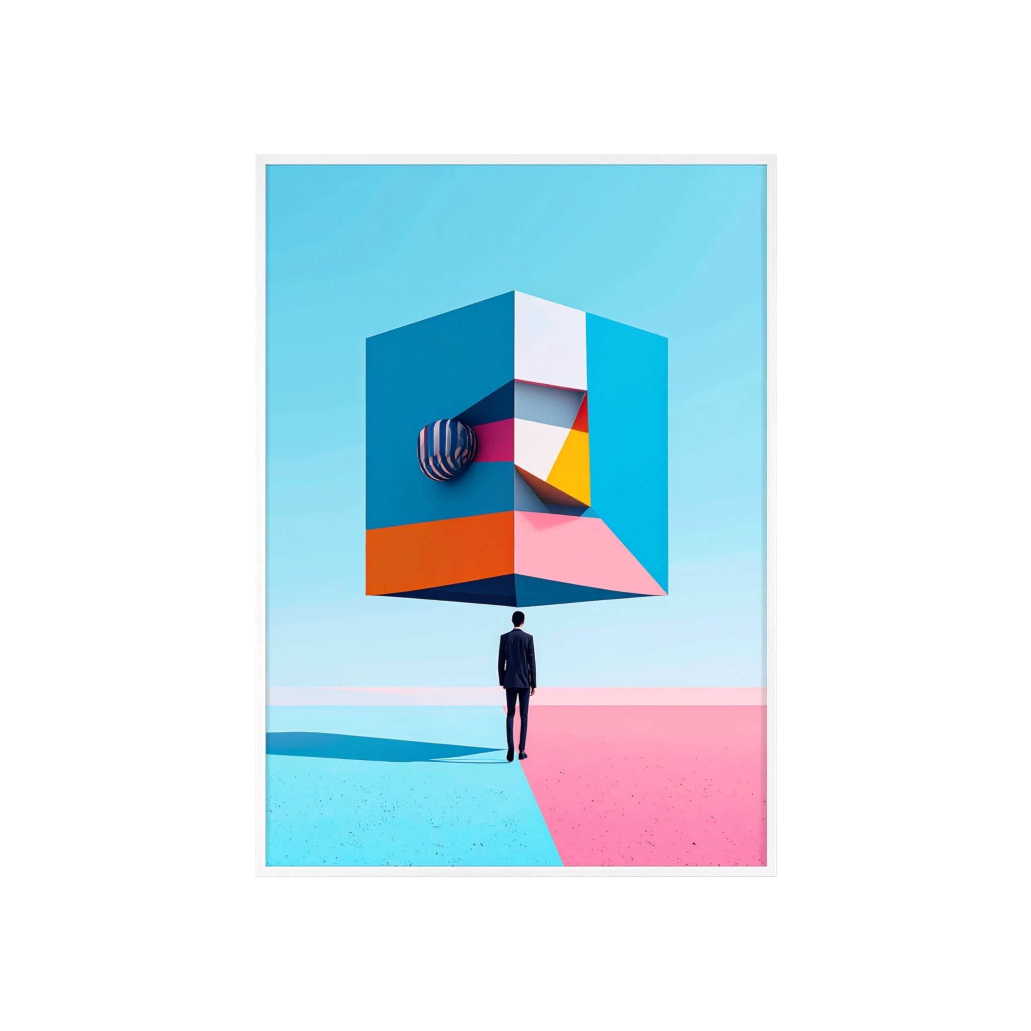 Surreal Geometric Art Poster with Wooden Frame — Modern Minimal Wall Decor
