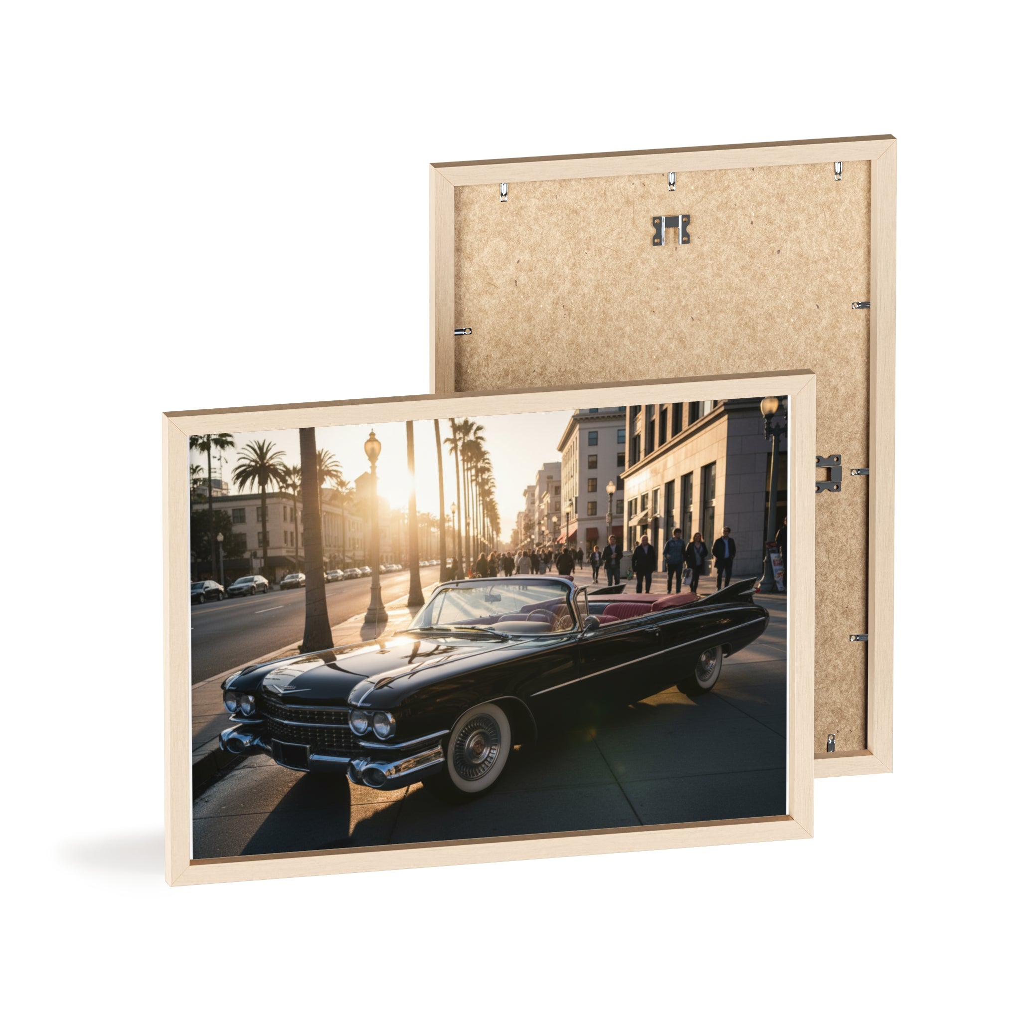 Vintage Convertible Sunset Poster with Wooden Frame