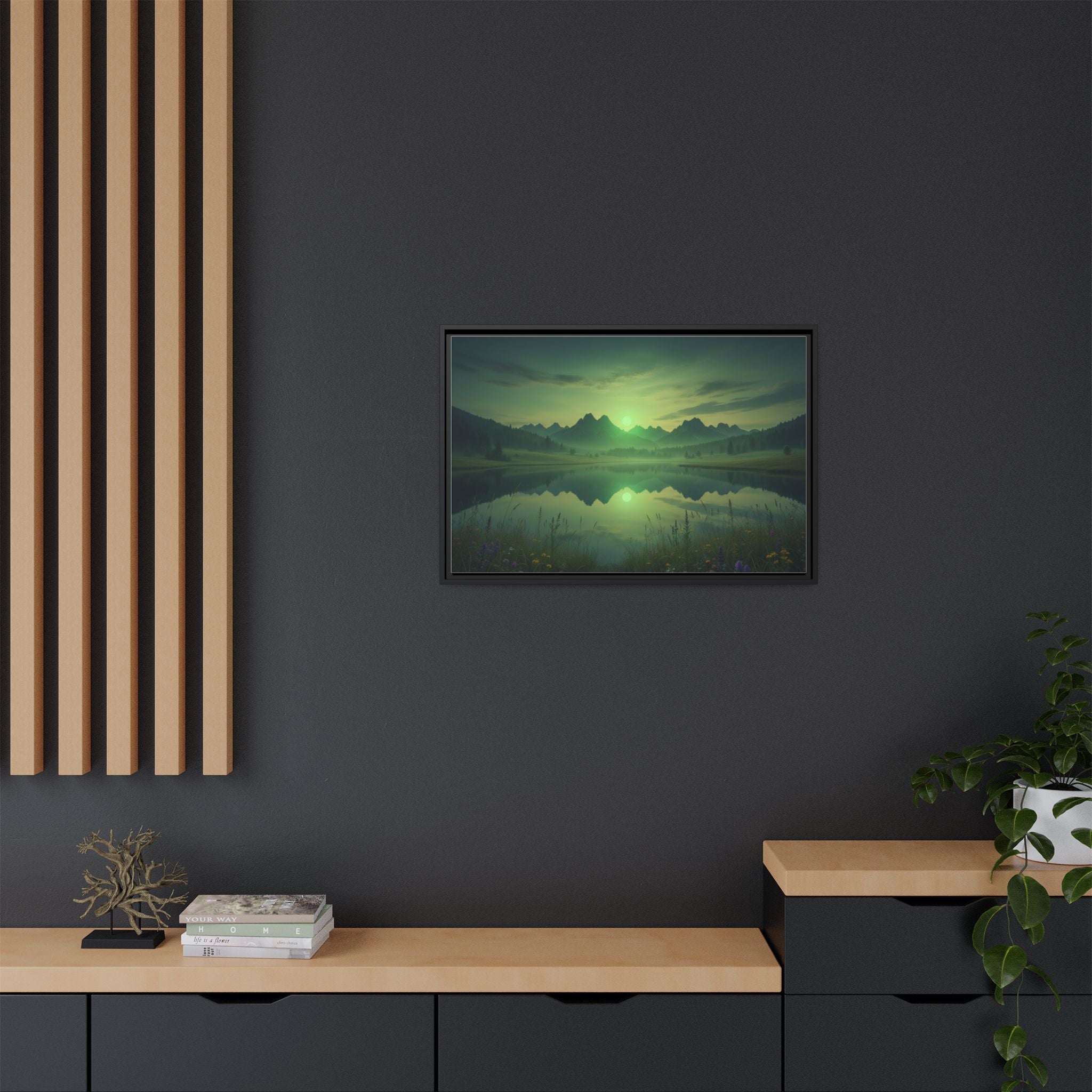 Framed Matte Canvas Print — Serene Green Mountain Lake Landscape