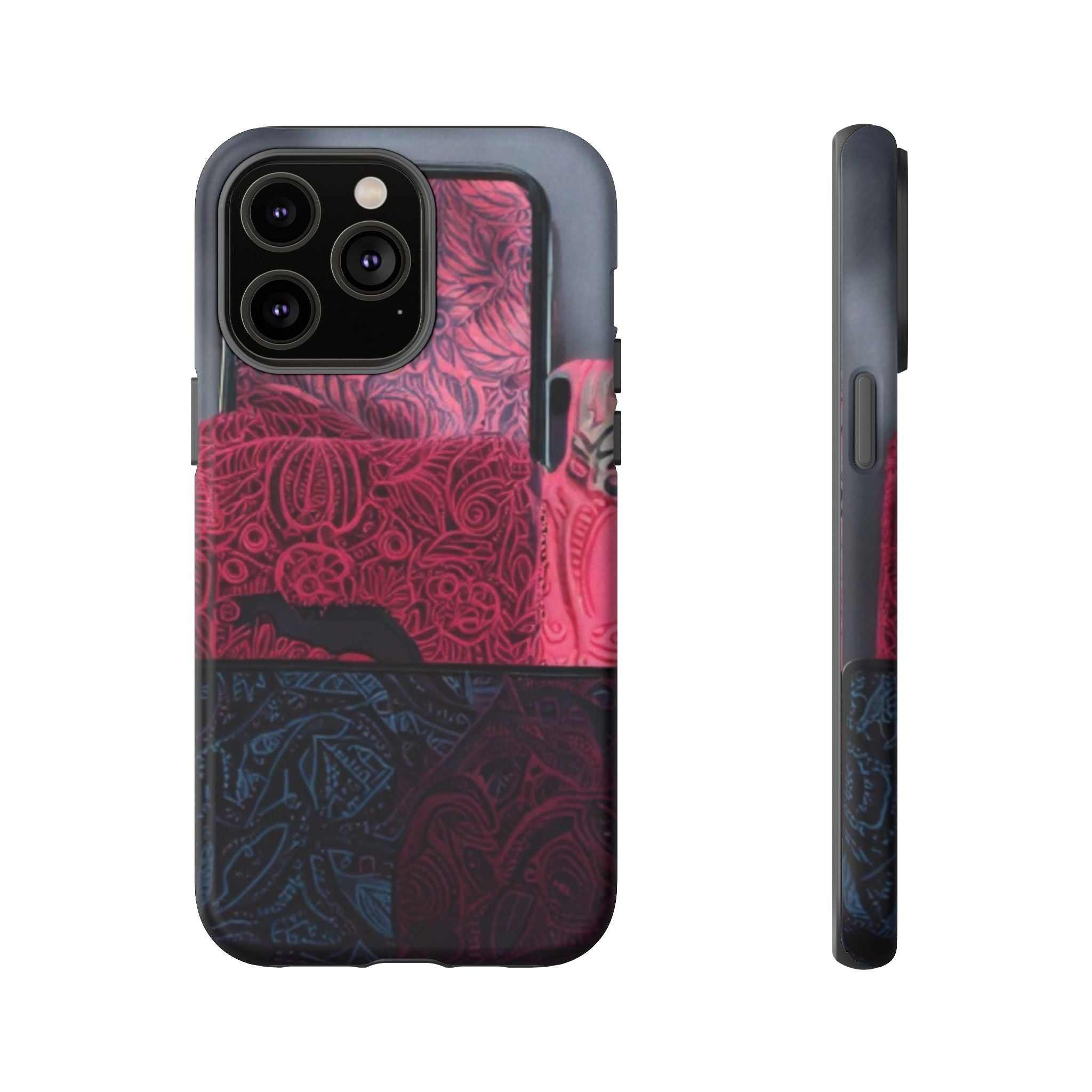 Floral Patchwork Tough Phone Case — Pink & Navy Doodle Design