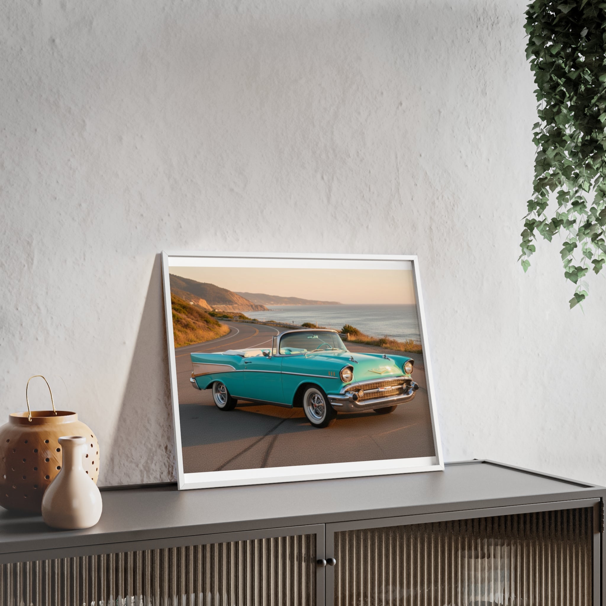 Vintage Teal Classic Car Poster with Wooden Frame — Coastal Road Print