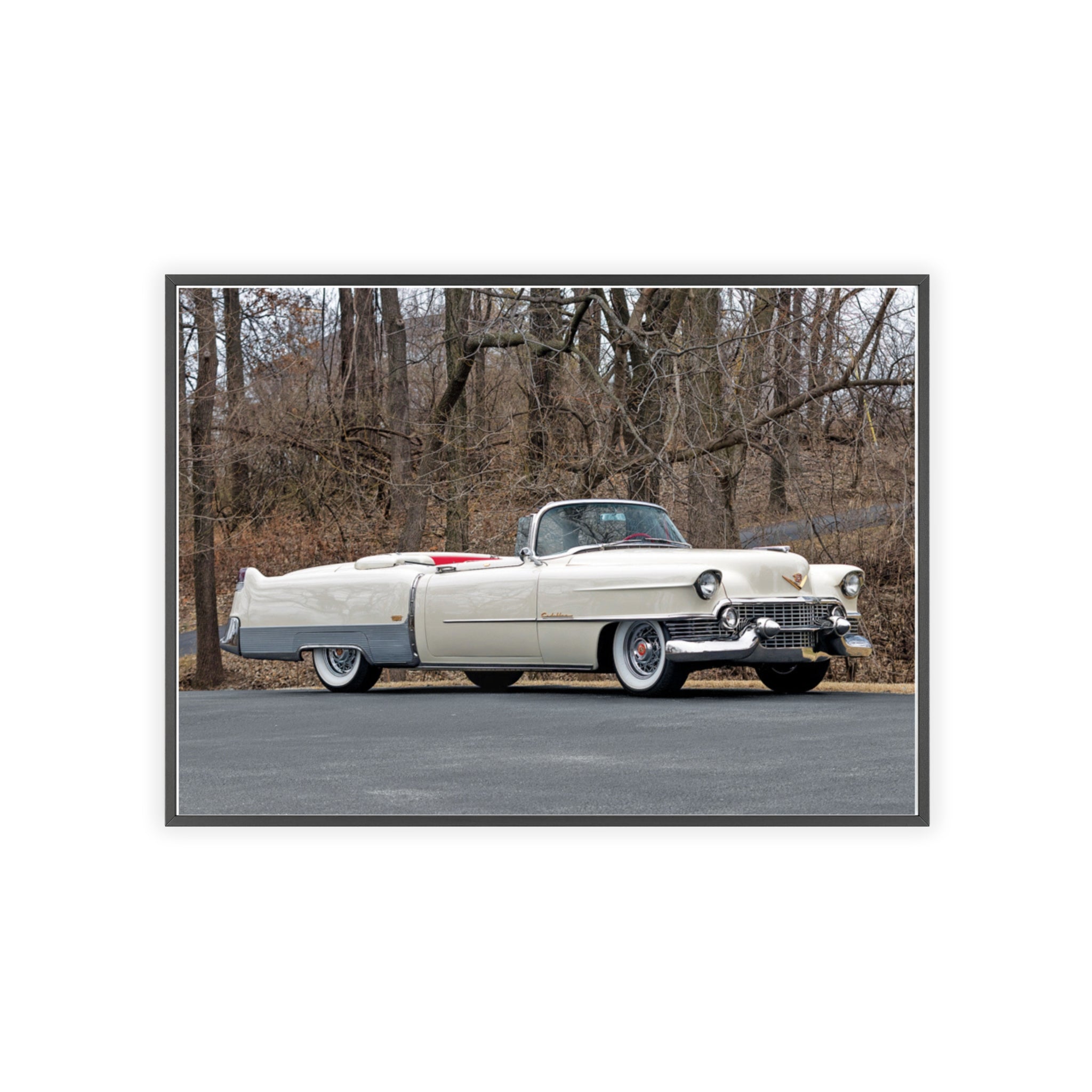 Vintage 1950s White Cadillac Poster with Wooden Frame - Classic Car Wall Art