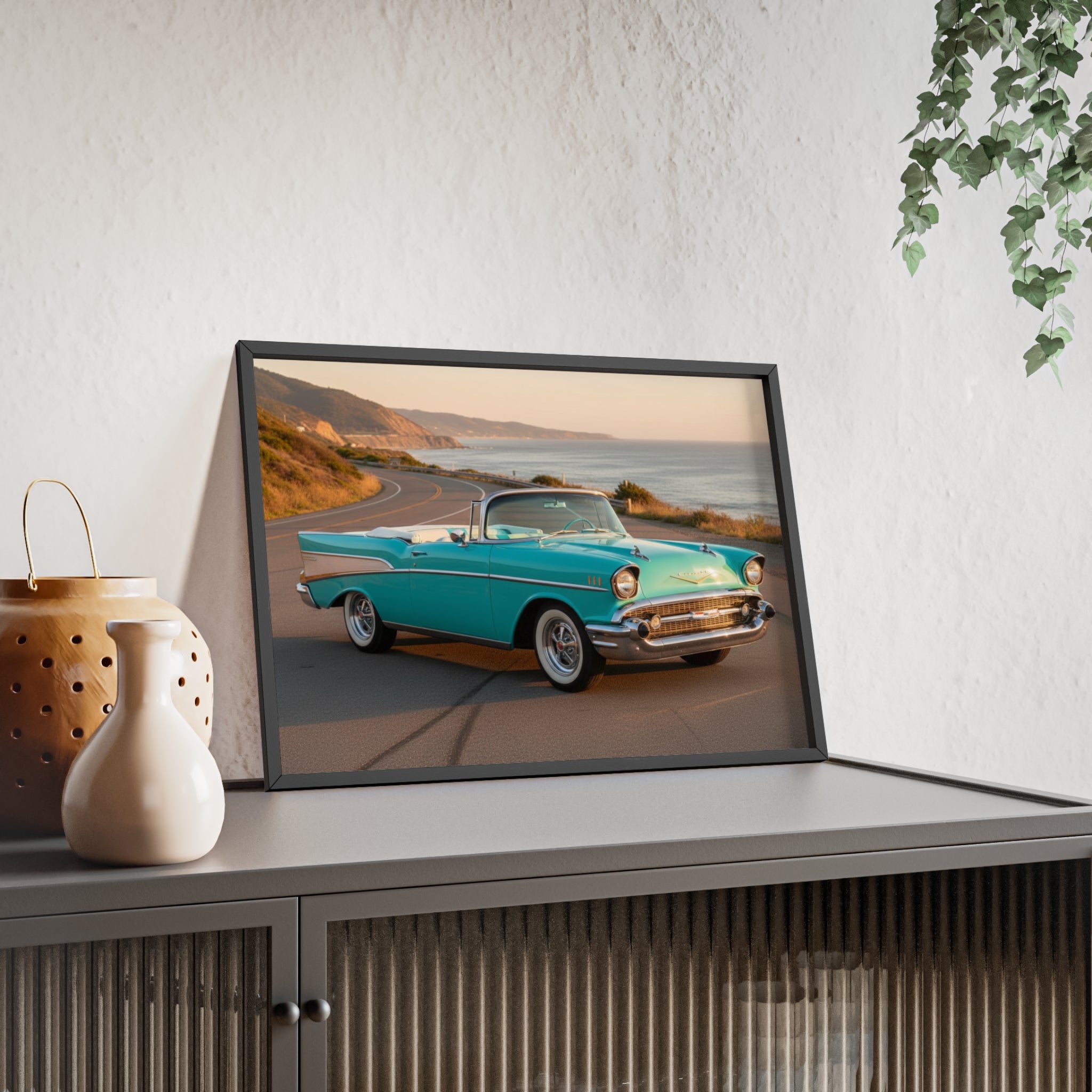 Vintage Teal Classic Car Poster with Wooden Frame — Coastal Road Print