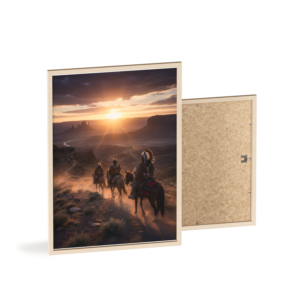 Framed Western Sunset Poster — Native Riders on Horseback Wall Art