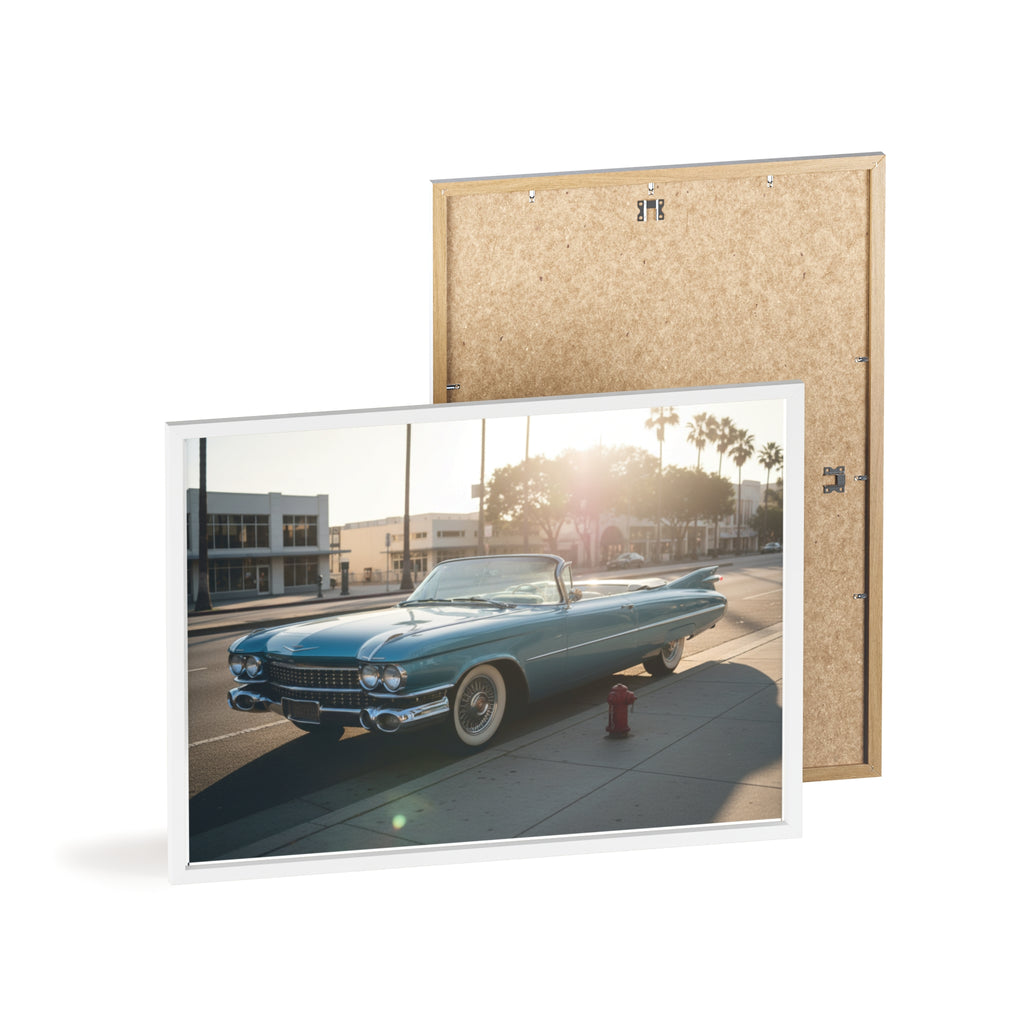 Vintage Blue Cadillac Poster with Wooden Frame – Retro Car Wall Art