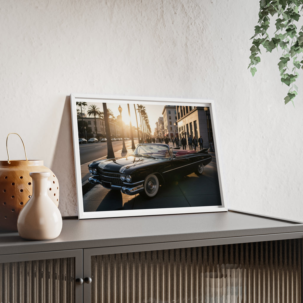 Vintage Convertible Sunset Poster with Wooden Frame